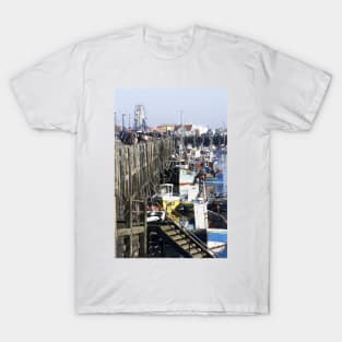 Fishing boats moored along Scarborough sea front, Yorkshire, UK T-Shirt